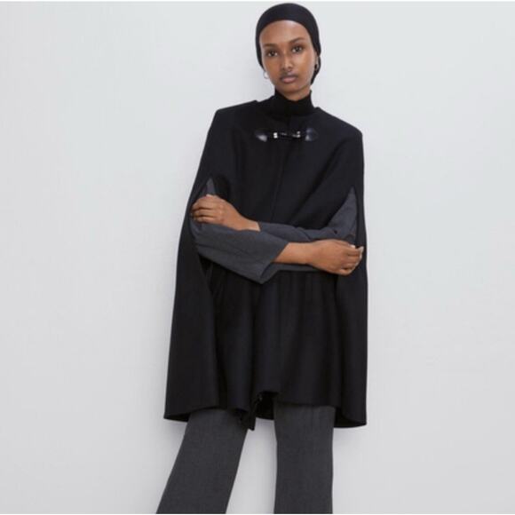 Zara Manteco Wool Blend Cape Coat Women's XS Black Rare Blogger Favorite Toggle - Picture 1 of 7